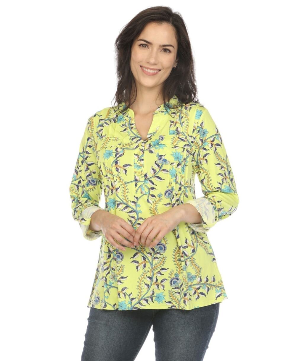 White Mark Women's Paisley Button Front Tunic Top Lime Size M 3860